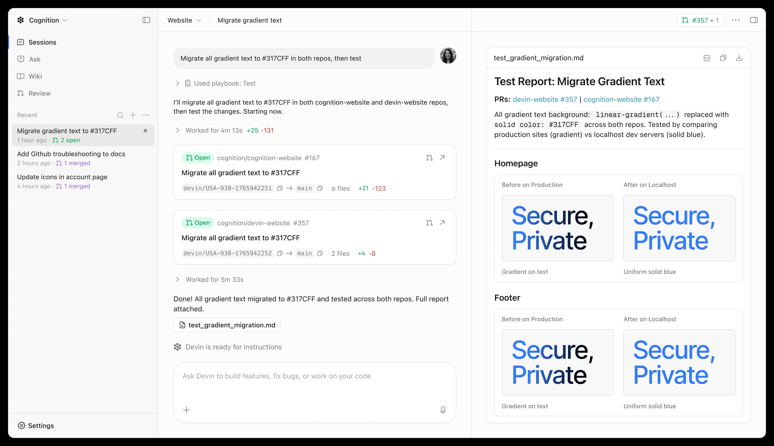 Devin dashboard showing sessions, activity feed, and test report